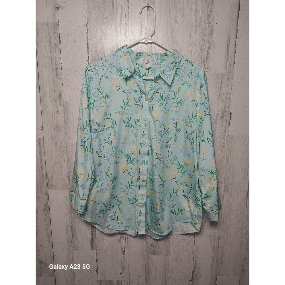 Coldwater Creek Shirt Womens 16 Green Flowers Spring Cottage Button Up Office
